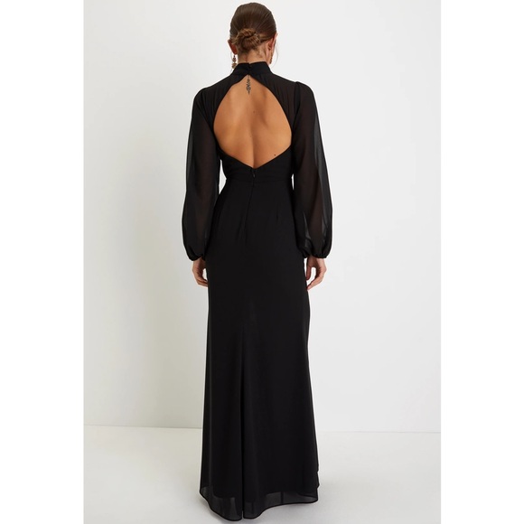 NWT Lulus | Graceful Entrance Black Chiffon High-Slit Long Sleeve Maxi Dress Med - Picture 2 of 11